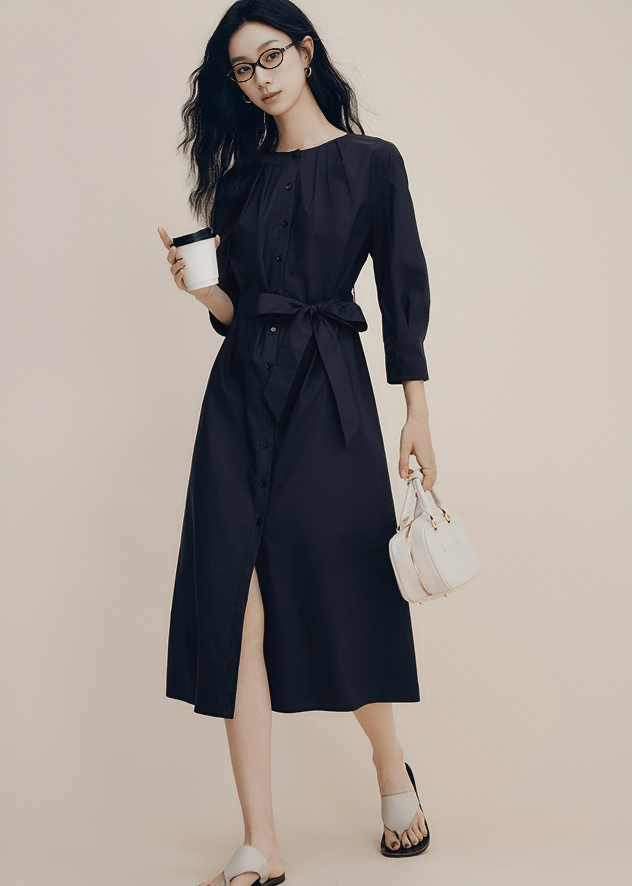 PLEATED COLLAR BELTED SHIRT DRESS - Vera Lumina