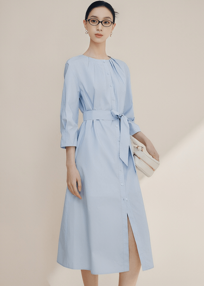 PLEATED COLLAR BELTED SHIRT DRESS - Vera Lumina