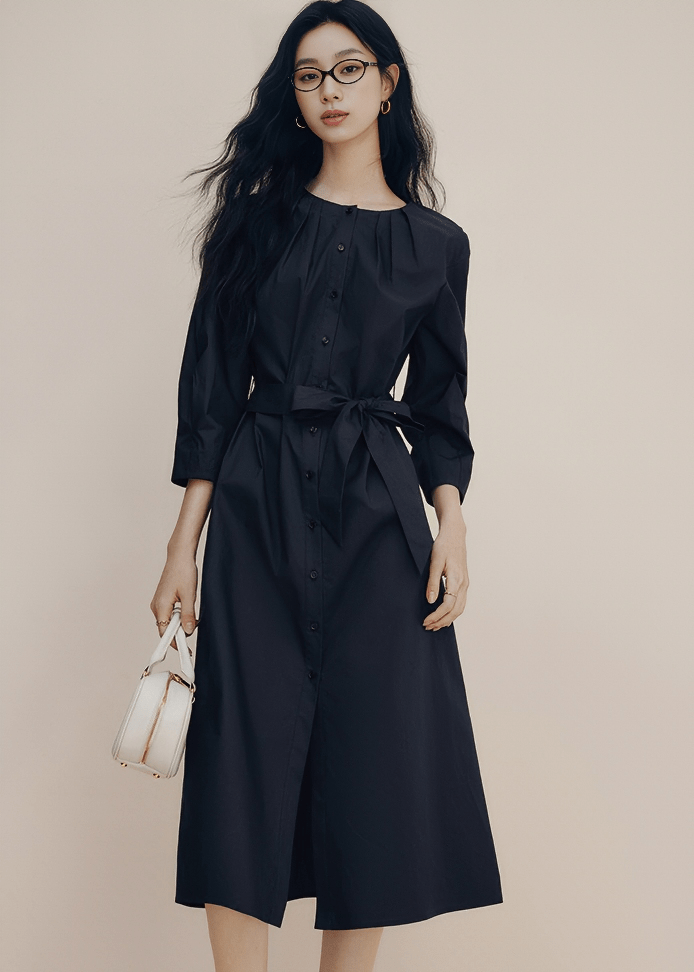 PLEATED COLLAR BELTED SHIRT DRESS - Vera Lumina