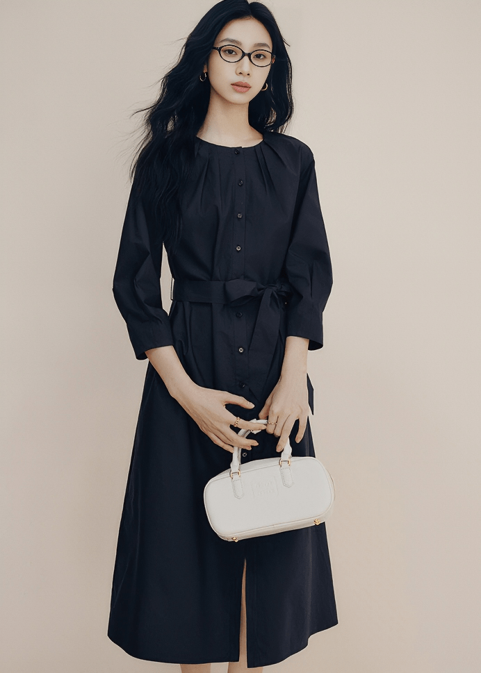 PLEATED COLLAR BELTED SHIRT DRESS - Vera Lumina