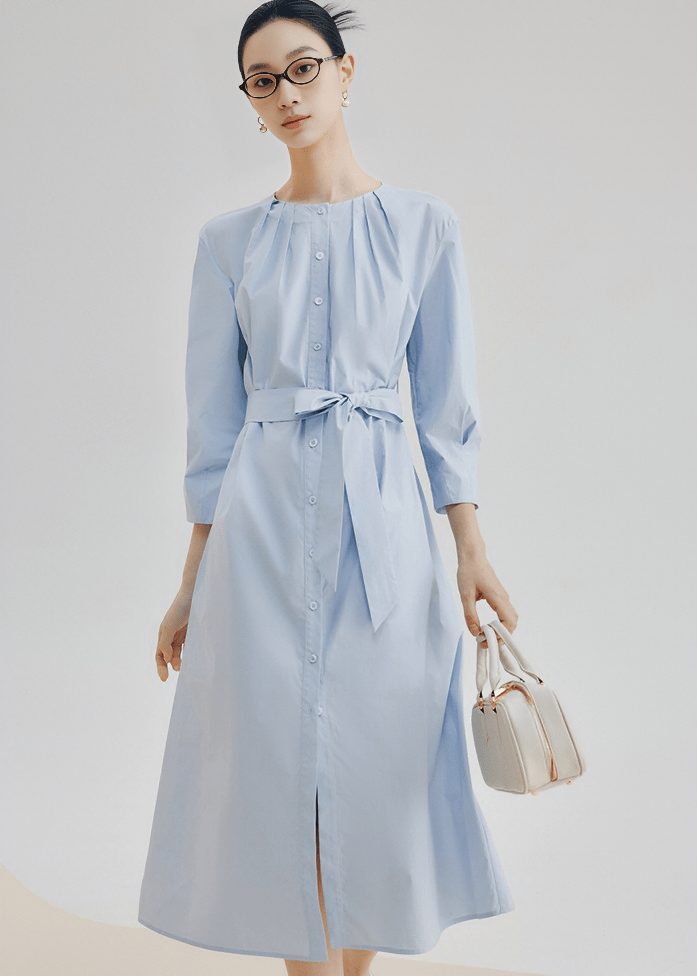 PLEATED COLLAR BELTED SHIRT DRESS - Vera Lumina