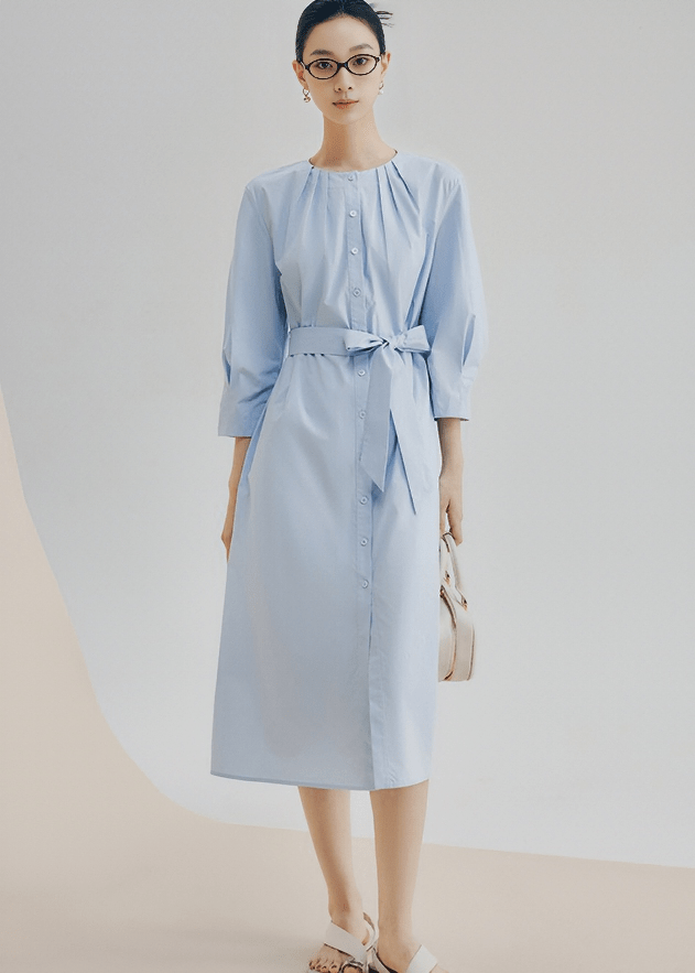PLEATED NECKLINE BELTED SHIRT DRESS - Vera Lumina