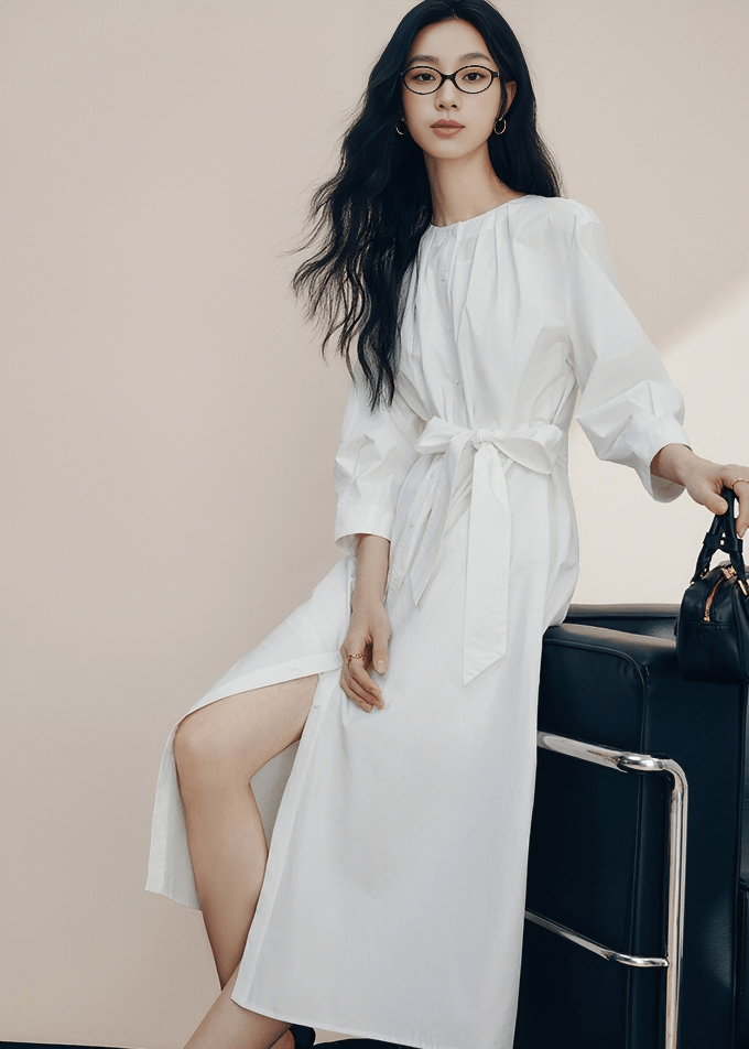 PLEATED NECKLINE BELTED SHIRT DRESS - Vera Lumina