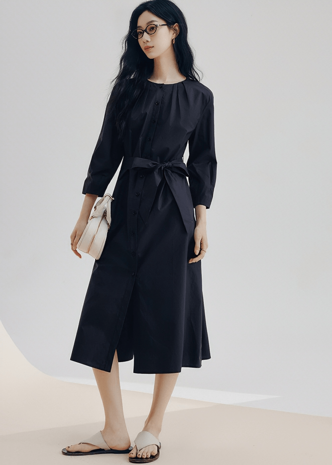 PLEATED NECKLINE BELTED SHIRT DRESS - Vera Lumina