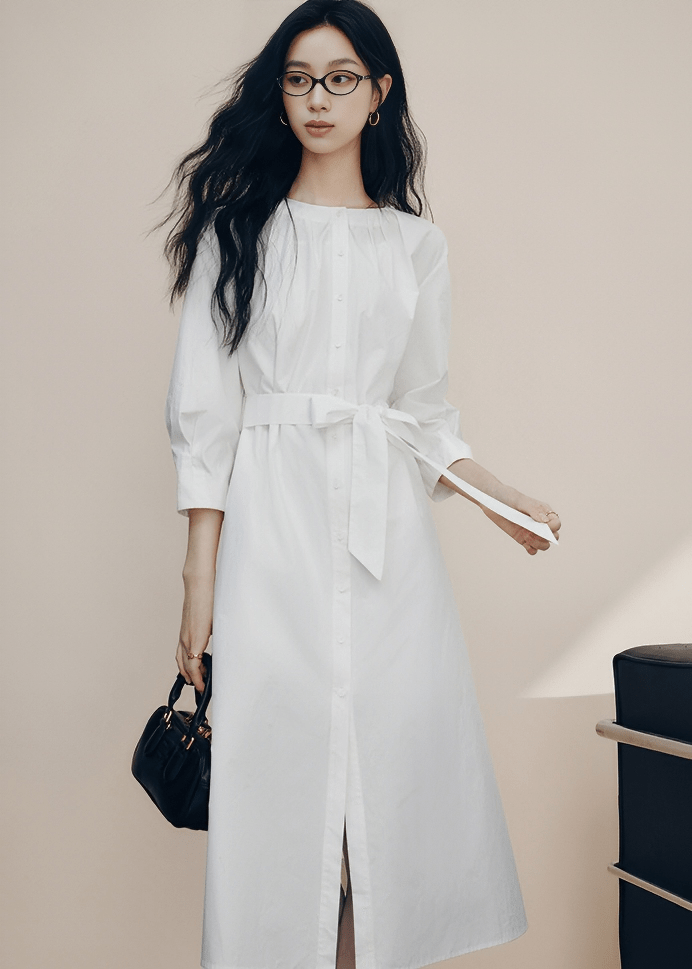 PLEATED NECKLINE BELTED SHIRT DRESS - Vera Lumina