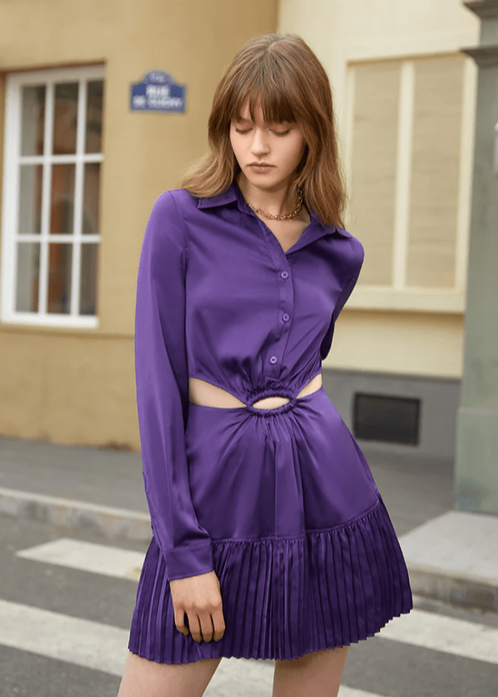 Polo collar satin long sleeve dress - Vera Lumina