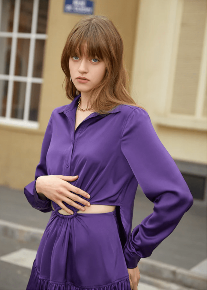 Polo collar satin long sleeve dress - Vera Lumina