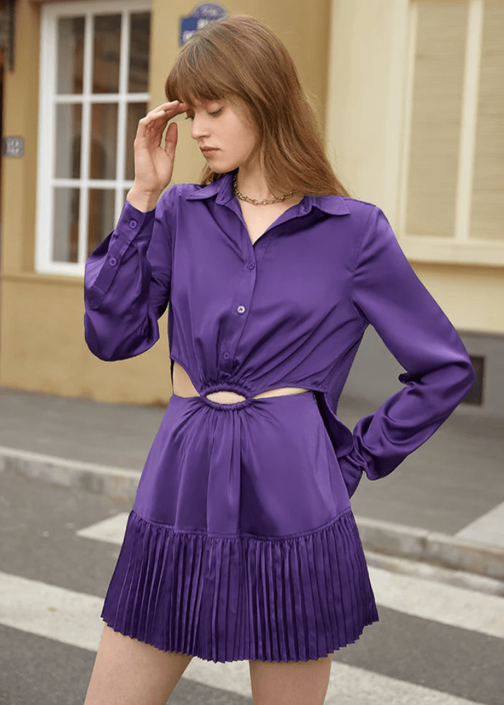 Polo collar satin long sleeve dress - Vera Lumina