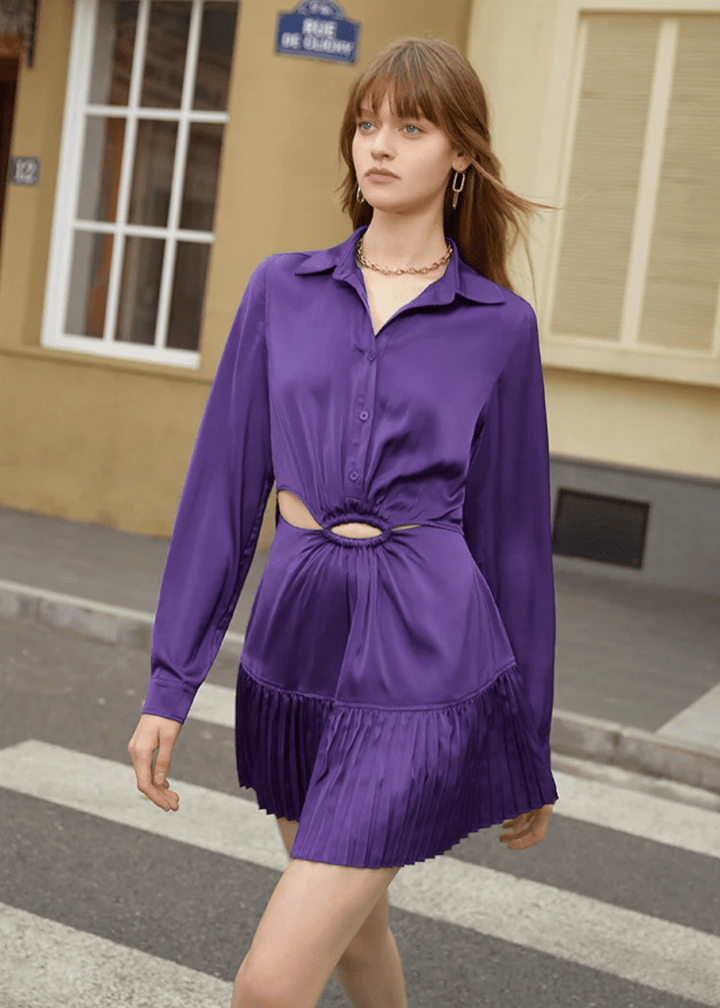 Polo collar satin long sleeve dress - Vera Lumina