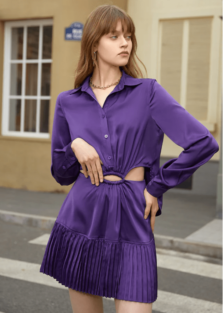 Polo collar satin long sleeve dress - Vera Lumina
