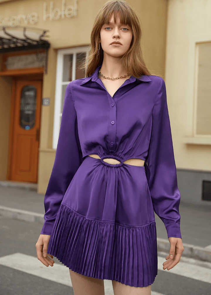 Polo collar satin long sleeve dress - Vera Lumina