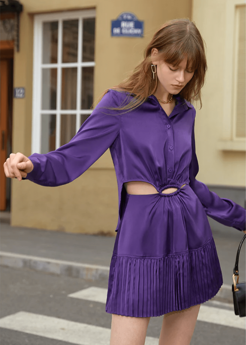 Polo collar satin long sleeve dress - Vera Lumina