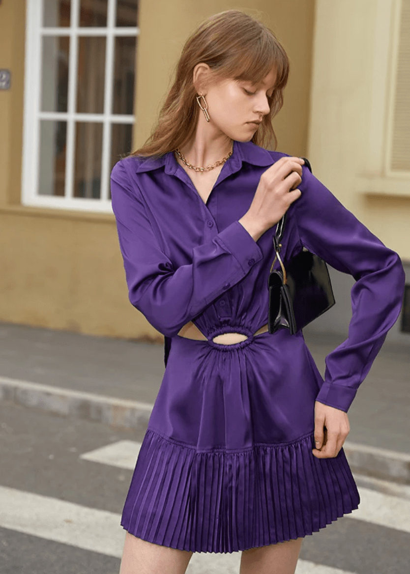 Polo collar satin long sleeve dress - Vera Lumina