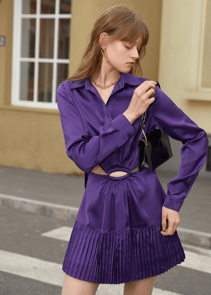 Polo collar satin long sleeve dress - Vera Lumina