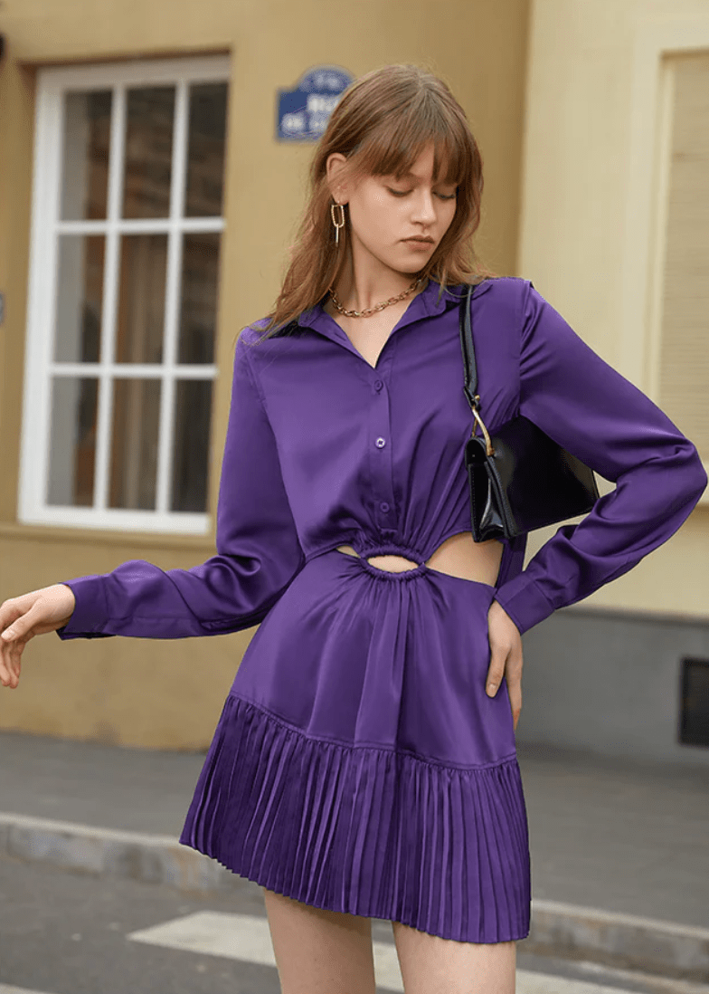 Polo collar satin long sleeve dress - Vera Lumina