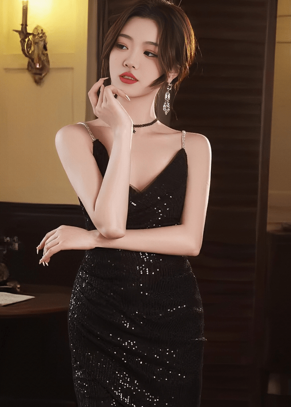 スクエアネックビジューラインマーメイドドレス - Vera Lumina