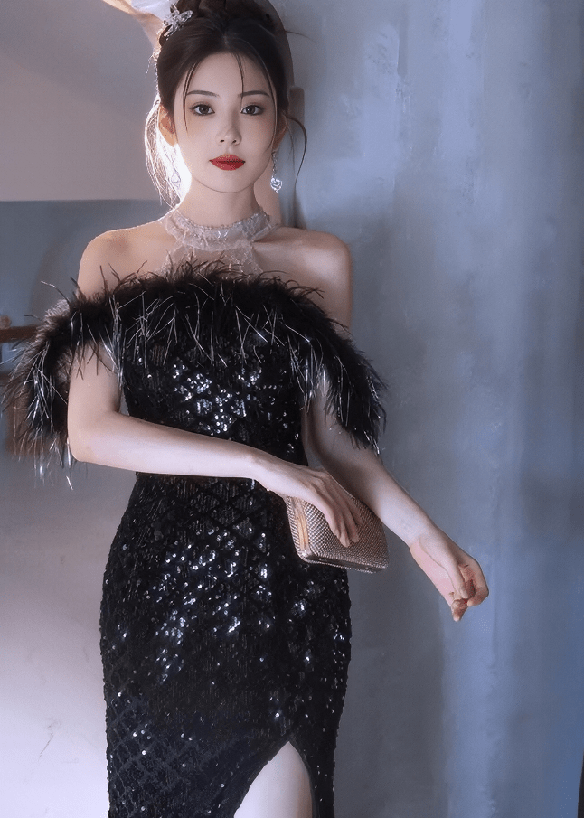 フェザーオフショルダーキラキラロングドレス - Vera Lumina