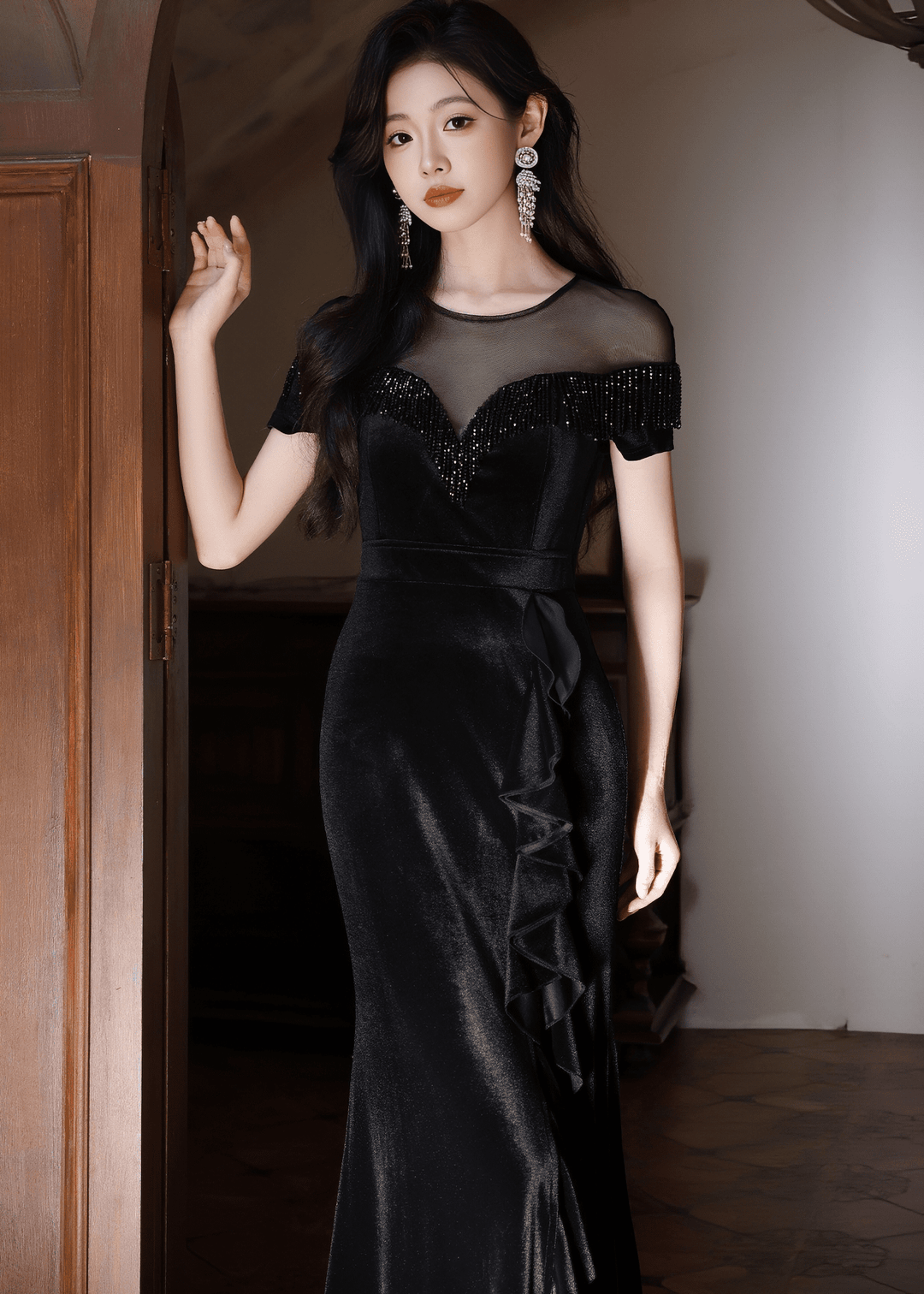 ベルベットシアーフリルマーメイドドレス - Vera Lumina