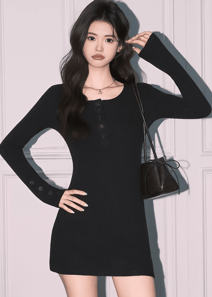 フロントボタンリブタイトミニワンピース - Vera Lumina