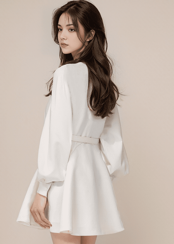 ベルテッドパフスリーブフレアワンピース - Vera Lumina