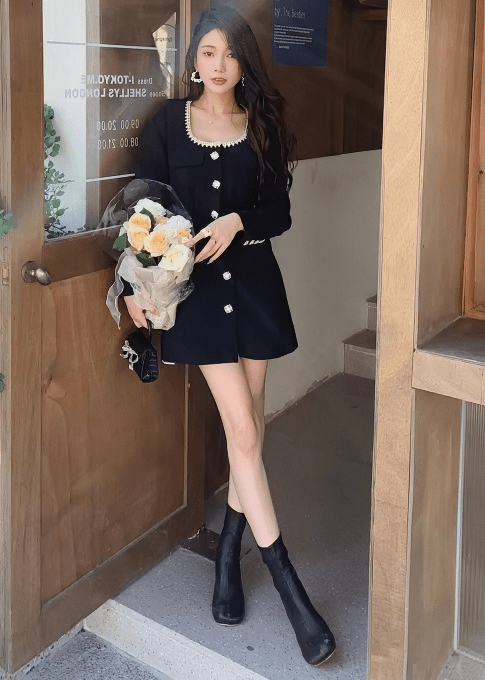 ビジューネックトリムボタンミニドレス - Vera Lumina