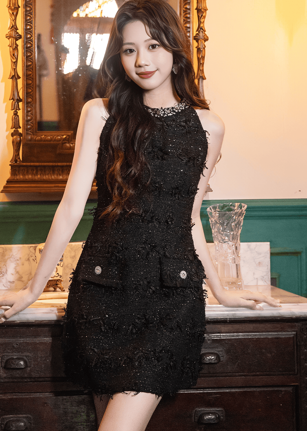 ビジューネックツイードミニドレス - Vera Lumina