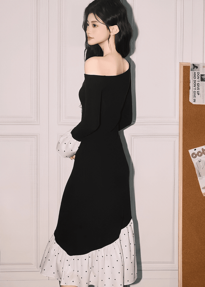 オフショルダーアシメドットマーメイドワンピース - Vera Lumina