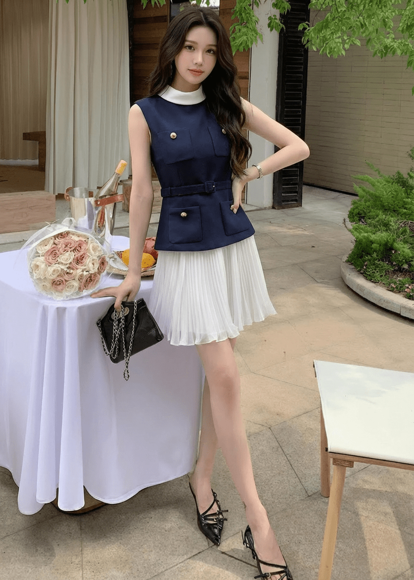 バイカラーハイネックシフォンプリーツドレス - Vera Lumina