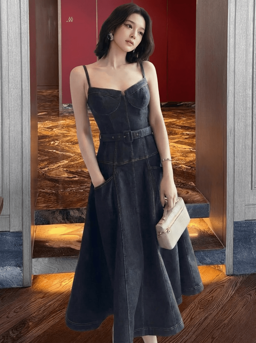 コルセットラインベルトフレアデニムドレス - Vera Lumina