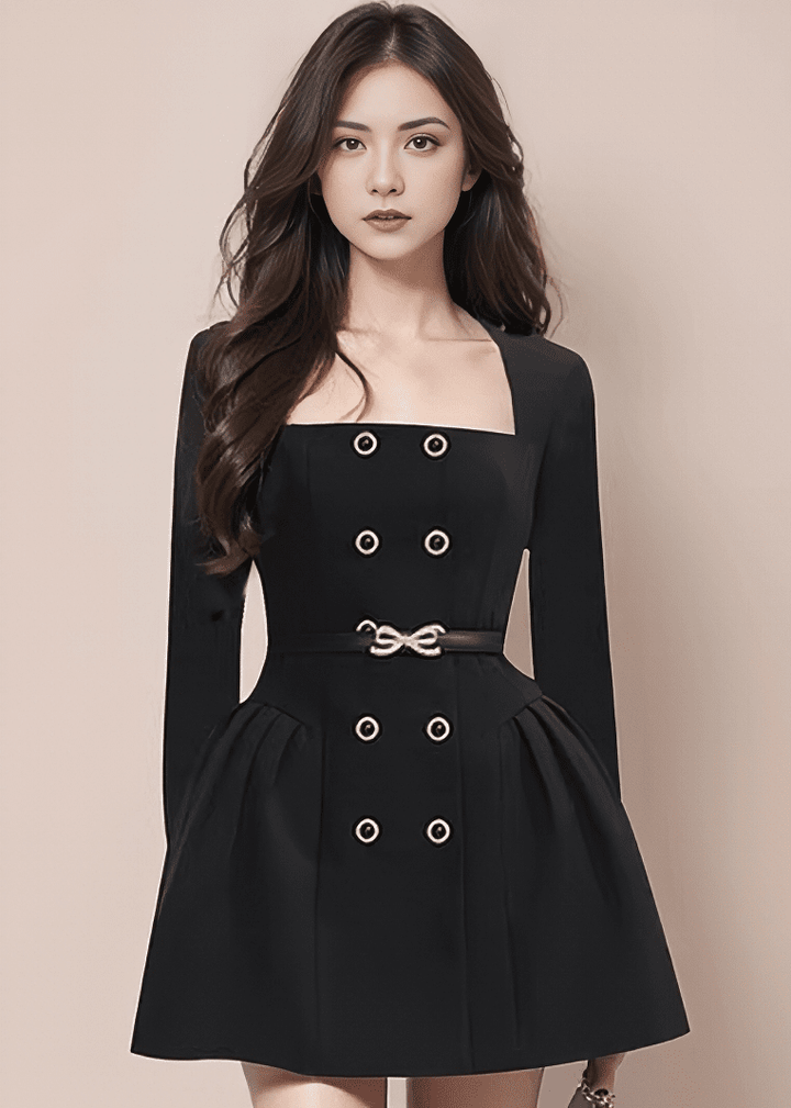 ビジューリボンベルトスクエアネックミニドレス - Vera Lumina