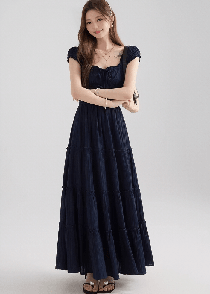 スモッキングリボンフレアマキシドレス - Vera Lumina