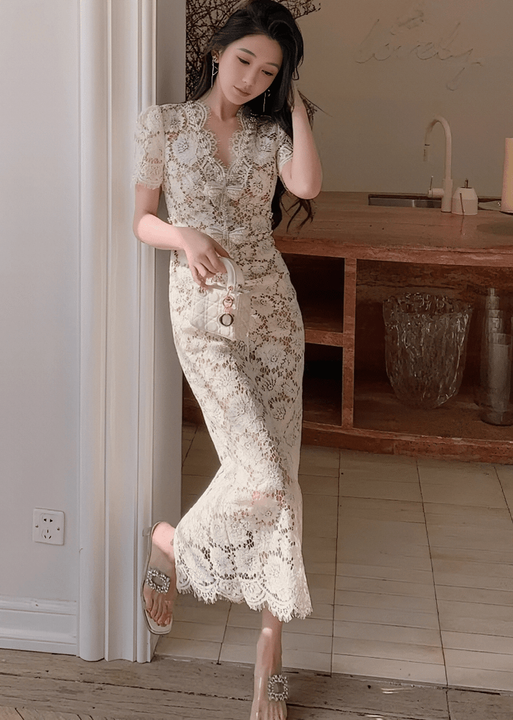 スカラップネックリボンパールマーメイドドレス - Vera Lumina