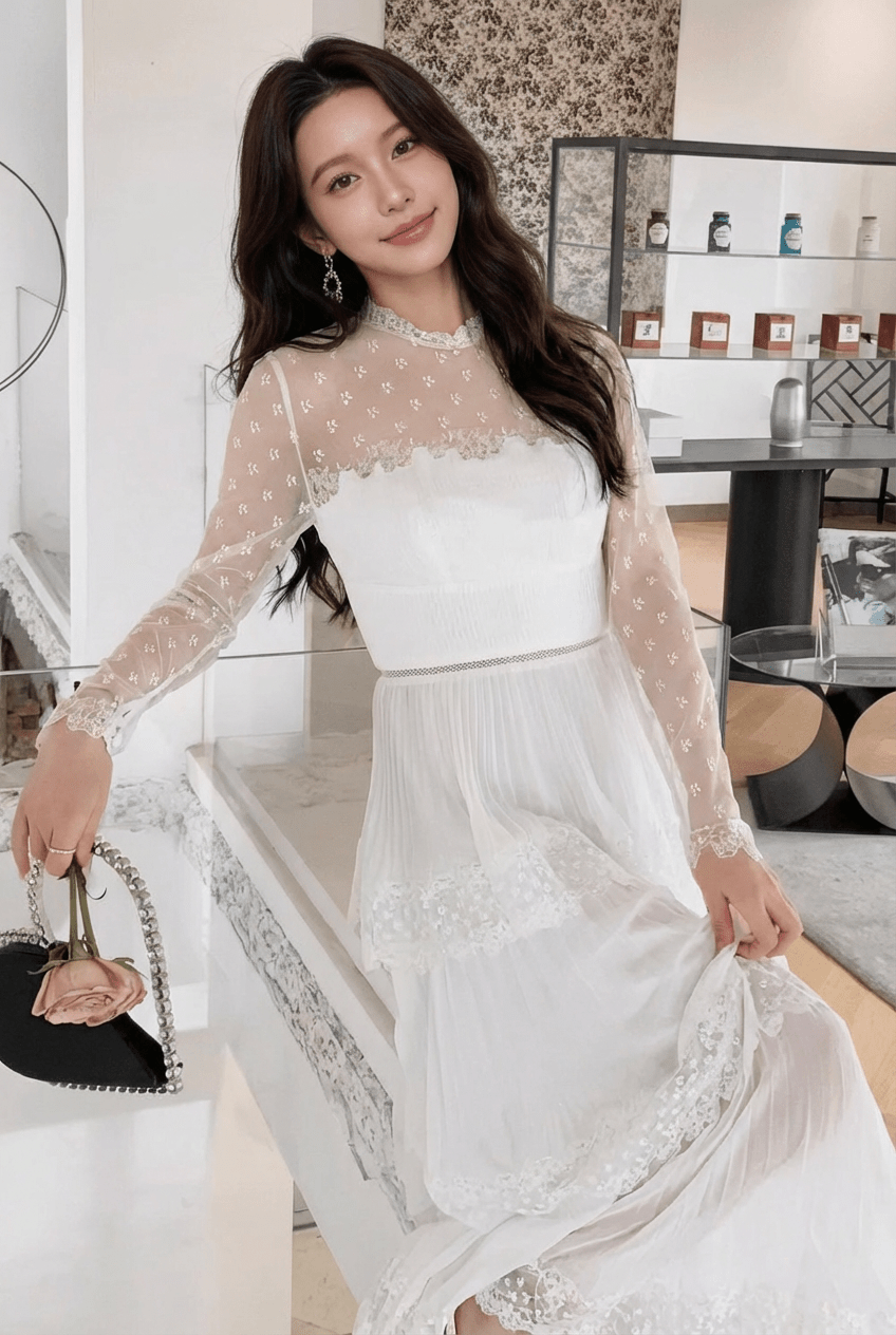 ドットチュールレースティアードプリーツドレス - Vera Lumina