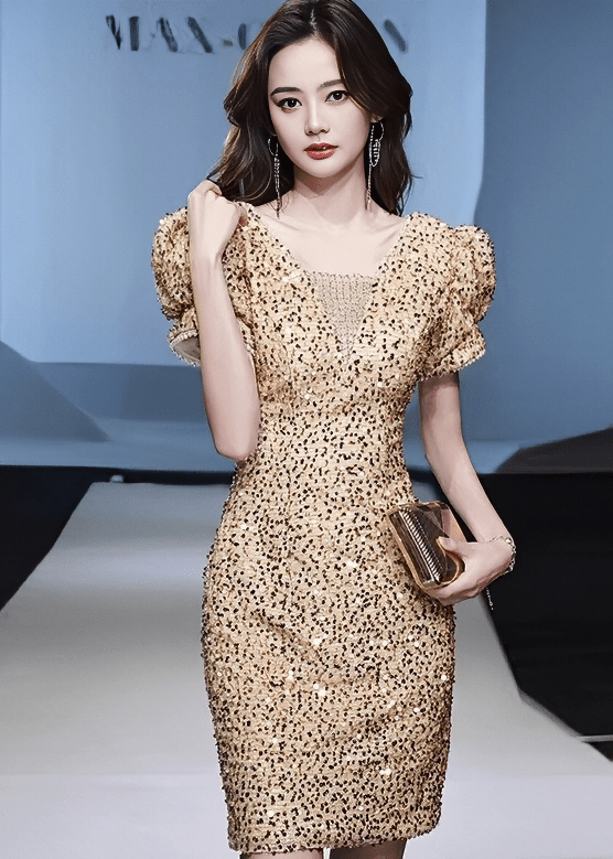 ビジューパールパフスリーブタイトドレス - Vera Lumina