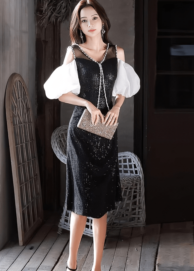 パールビジューボリュームパフスリーブフレアドレス - Vera Lumina