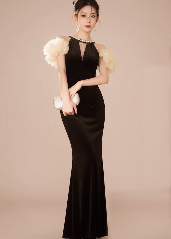 ビジューネックフラワーパフマーメイドドレス - Vera Lumina