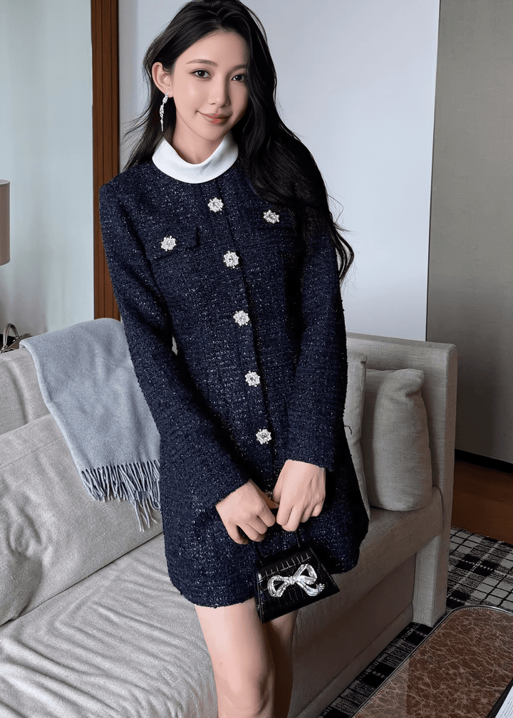 フラワービジューボタンラメツイードドレス - Vera Lumina