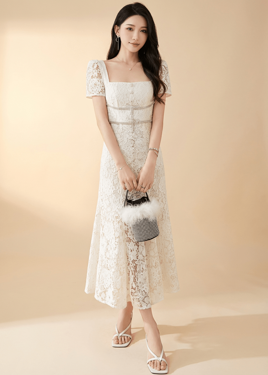 スクエアネックレースサイドスリットドレス - Vera Lumina