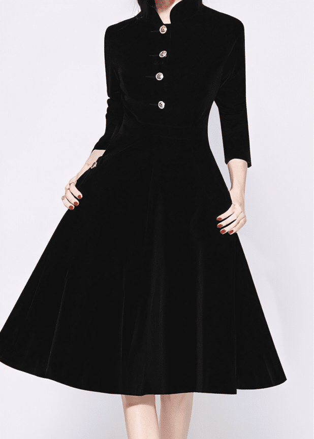 ビジューボタンスタンドカラーフレアワンピース - Vera Lumina