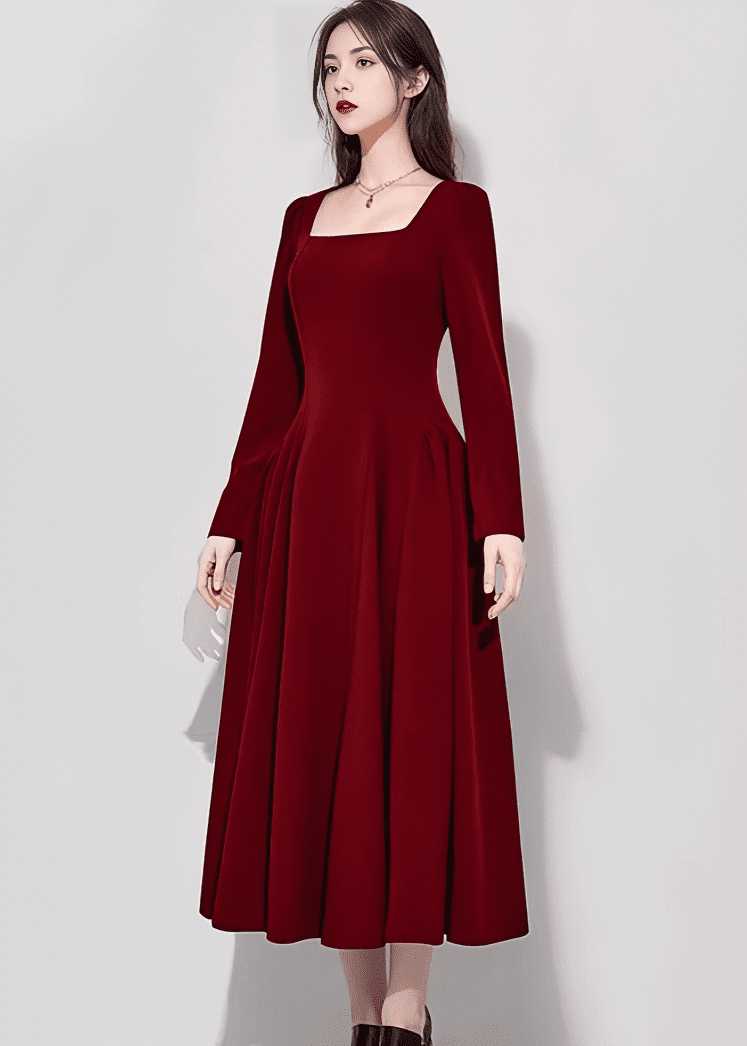 スクエアネックパフスリーブミディフレアドレス - Vera Lumina