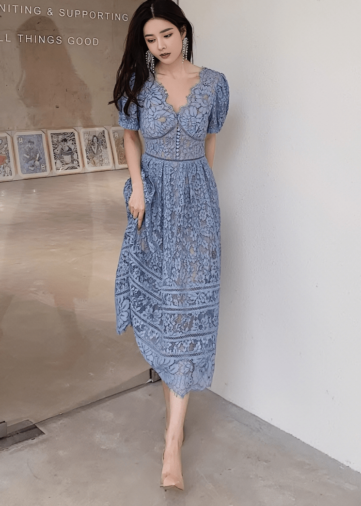 スカラップレースパフスリーブフレアドレス - Vera Lumina