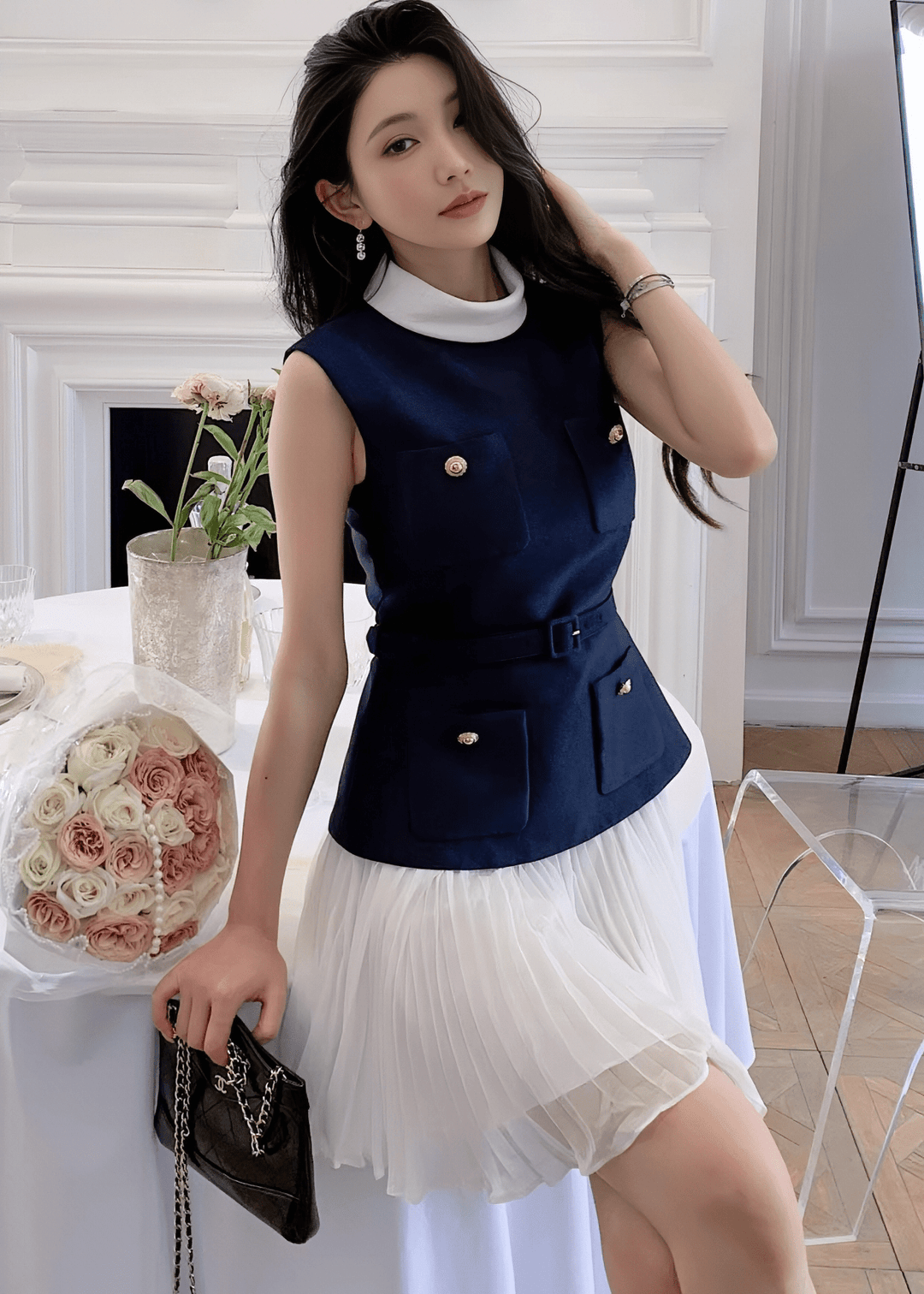 バイカラーハイネックシフォンプリーツドレス - Vera Lumina