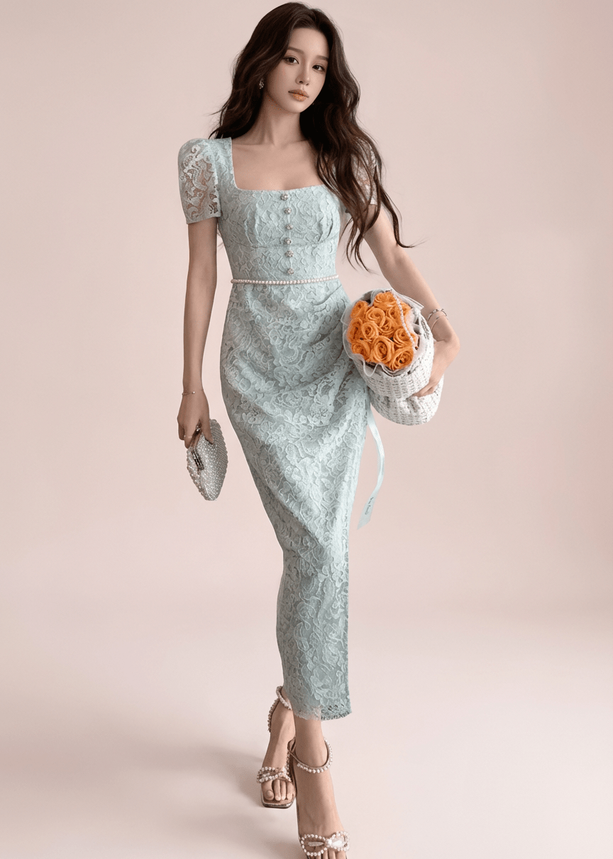 スクエアネックパフスリーブサイドスリットドレス - Vera Lumina