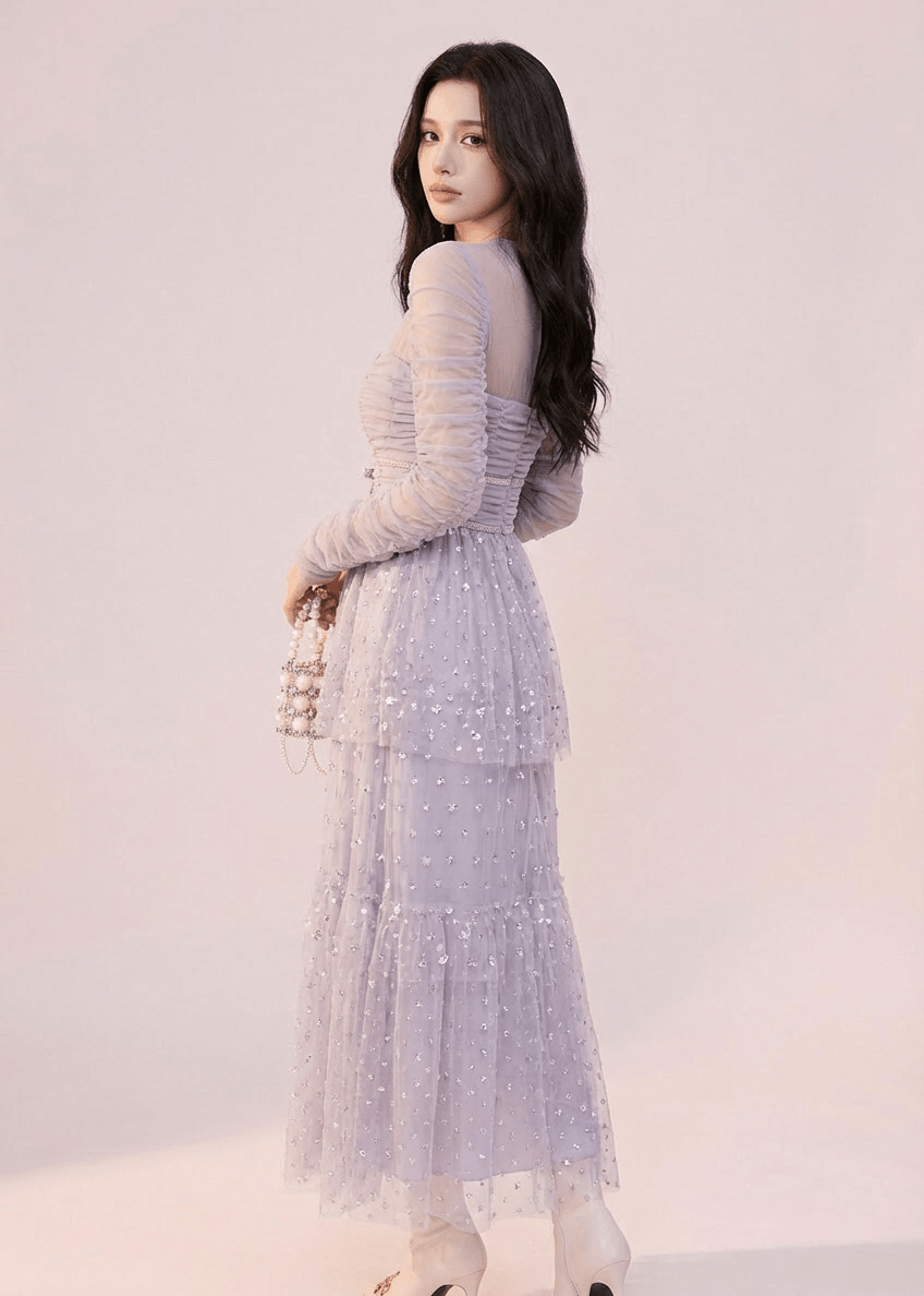 シャーリングシアーパフスリーブチュールドレス - Vera Lumina