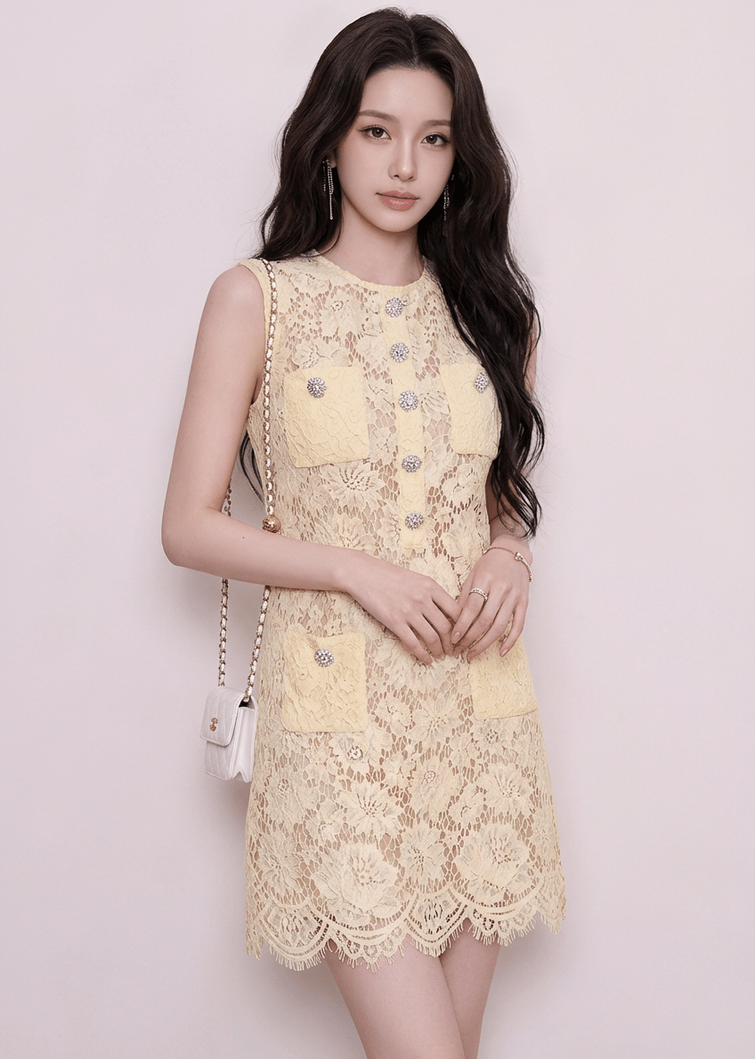 フラワービジューボタンノースリーブドレス - Vera Lumina