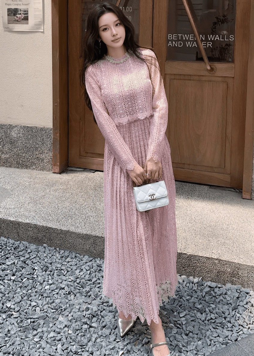 パールネッククロシェレースマキシドレス - Vera Lumina