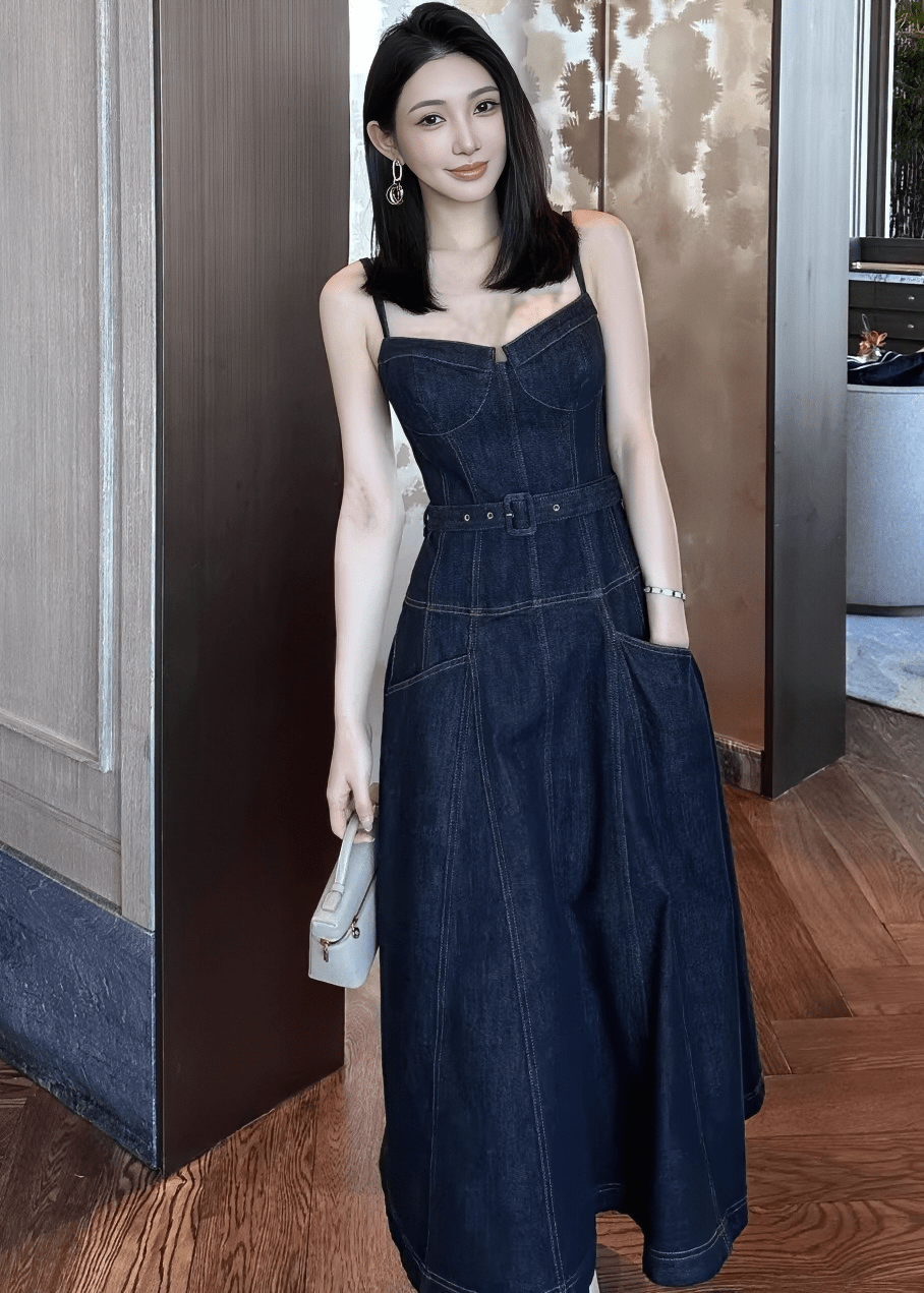 コルセットラインベルトフレアデニムドレス - Vera Lumina