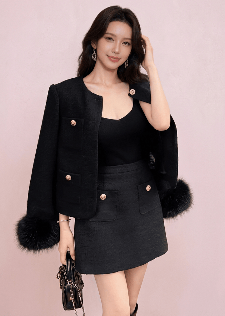 スリーブファーノーカラージャケット＆ミニスカート - Vera Lumina