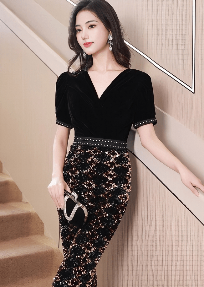 スパンコールパフスリーブビジューマーメイドドレス - Vera Lumina