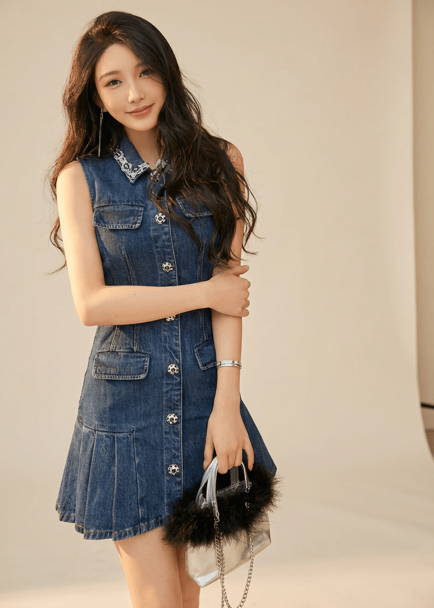 ビジューエンブロイダリープリーツデニムドレス - Vera Lumina